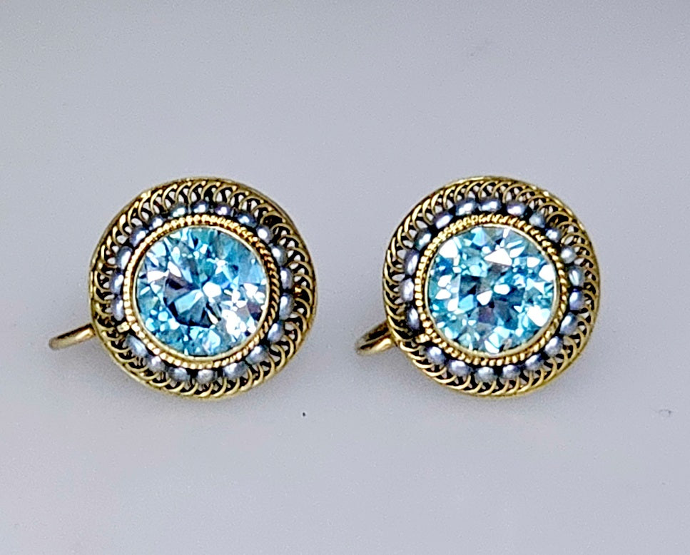 Beautiful Antique Victorian Natural Blue Zircon &amp; Seed Pearl Earrings  14K Yellow Gold