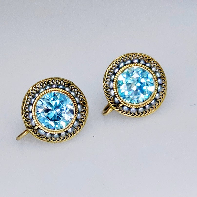 Beautiful Antique Victorian Natural Blue Zircon &amp; Seed Pearl Earrings  14K Yellow Gold