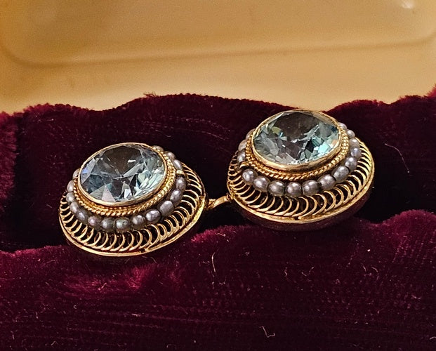 Beautiful Antique Victorian Natural Blue Zircon &amp; Seed Pearl Earrings  14K Yellow Gold