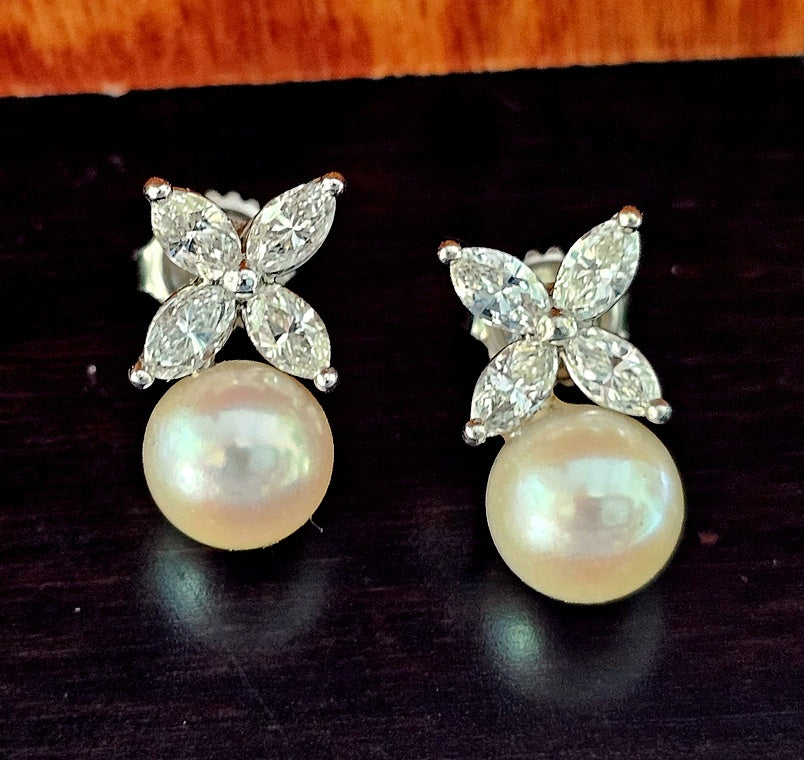 Vintage Platinum, 8.5mm Akoya Pearls and Marquise Diamond Earrings