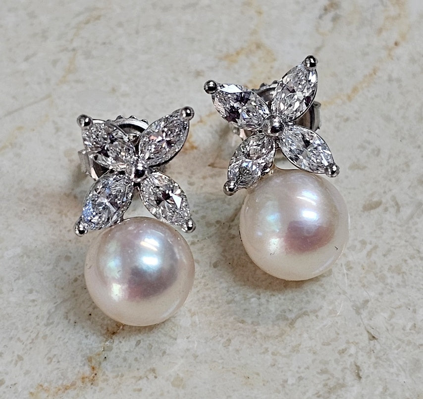 Vintage Platinum, 8.5mm Akoya Pearls and Marquise Diamond Earrings