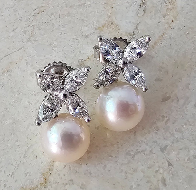 Vintage Platinum, 8.5mm Akoya Pearls and Marquise Diamond Earrings