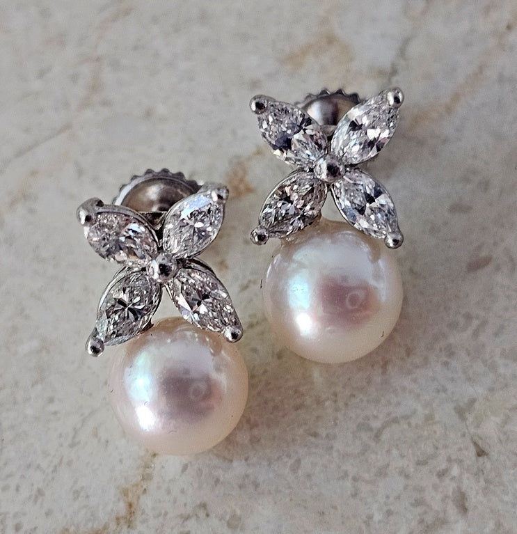 Vintage Platinum, 8.5mm Akoya Pearls and Marquise Diamond Earrings