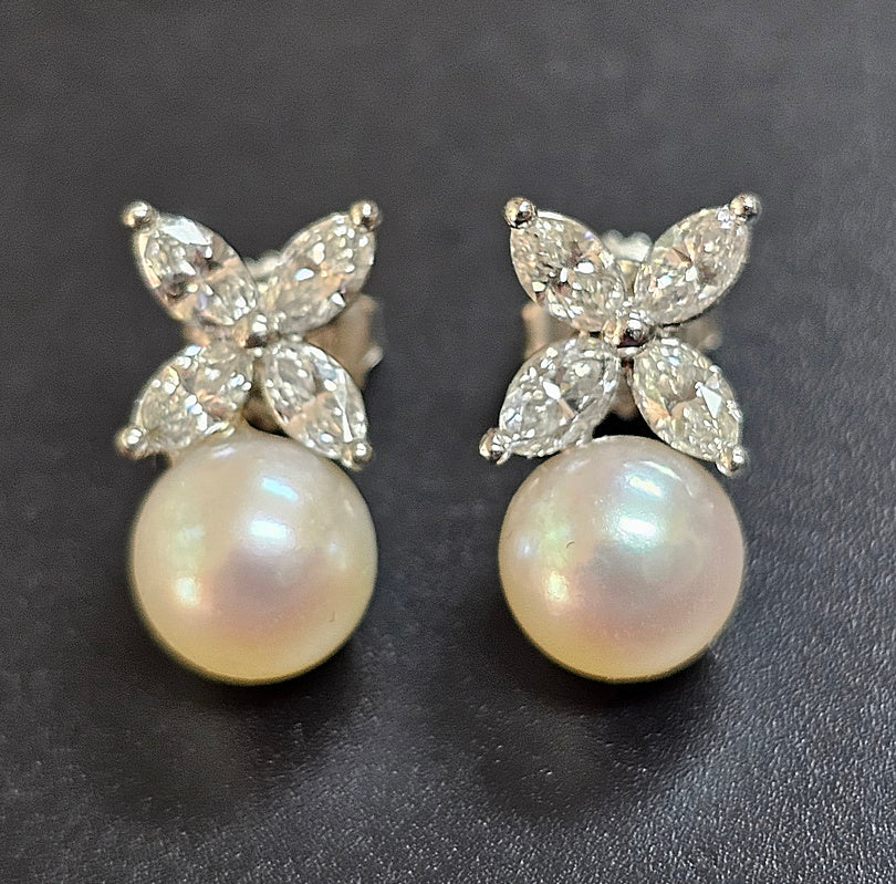 Vintage Platinum, 8.5mm Akoya Pearls and Marquise Diamond Earrings