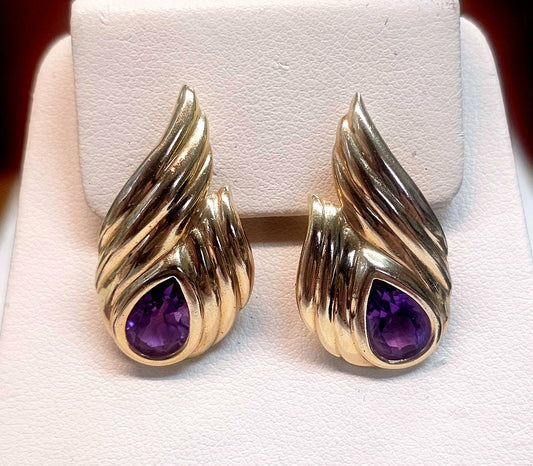 Estate Elegant Pear Shaped Amethyst 14k Yellow Gold Earrings 4.00ctw