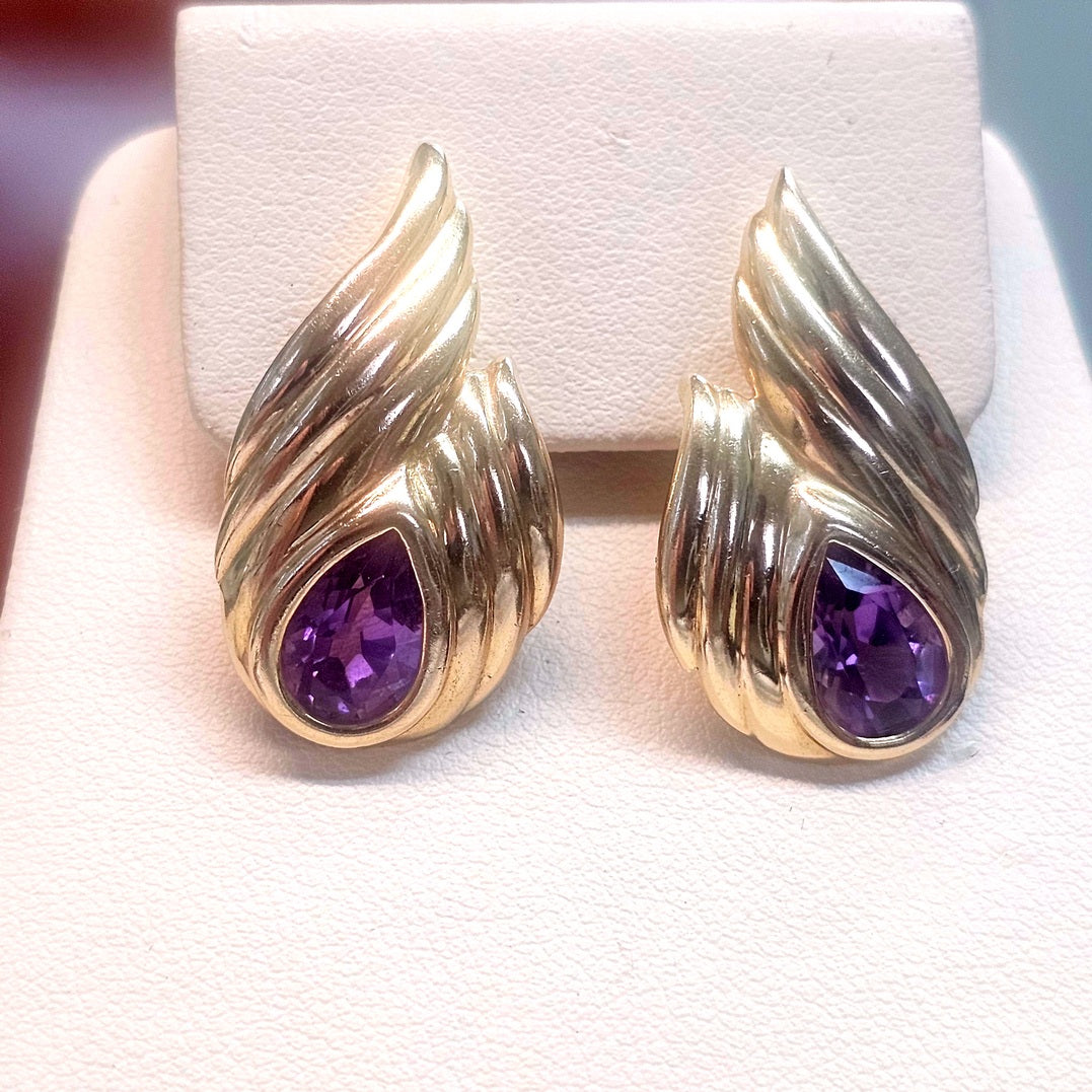 Estate Elegant Pear Shaped Amethyst 14k Yellow Gold Earrings 4.00ctw