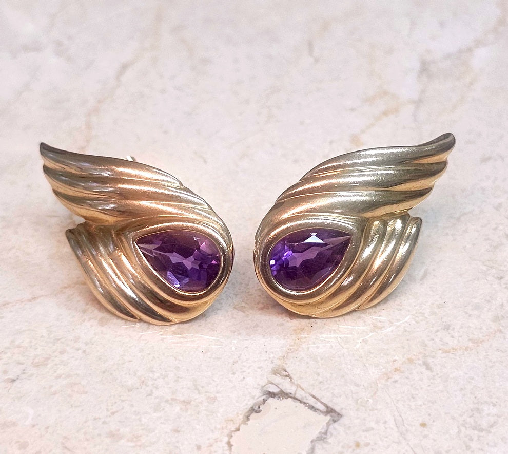 Estate Elegant Pear Shaped Amethyst 14k Yellow Gold Earrings 4.00ctw