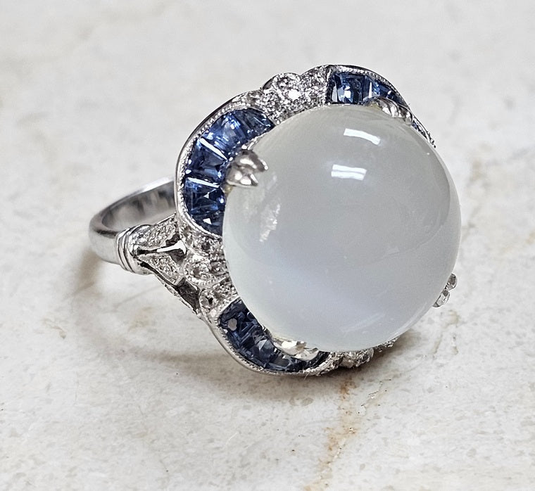 Vintage Oval Cats Eye Moonstone, Sapphire and Diamonds Cocktail Ring 18K White Gold