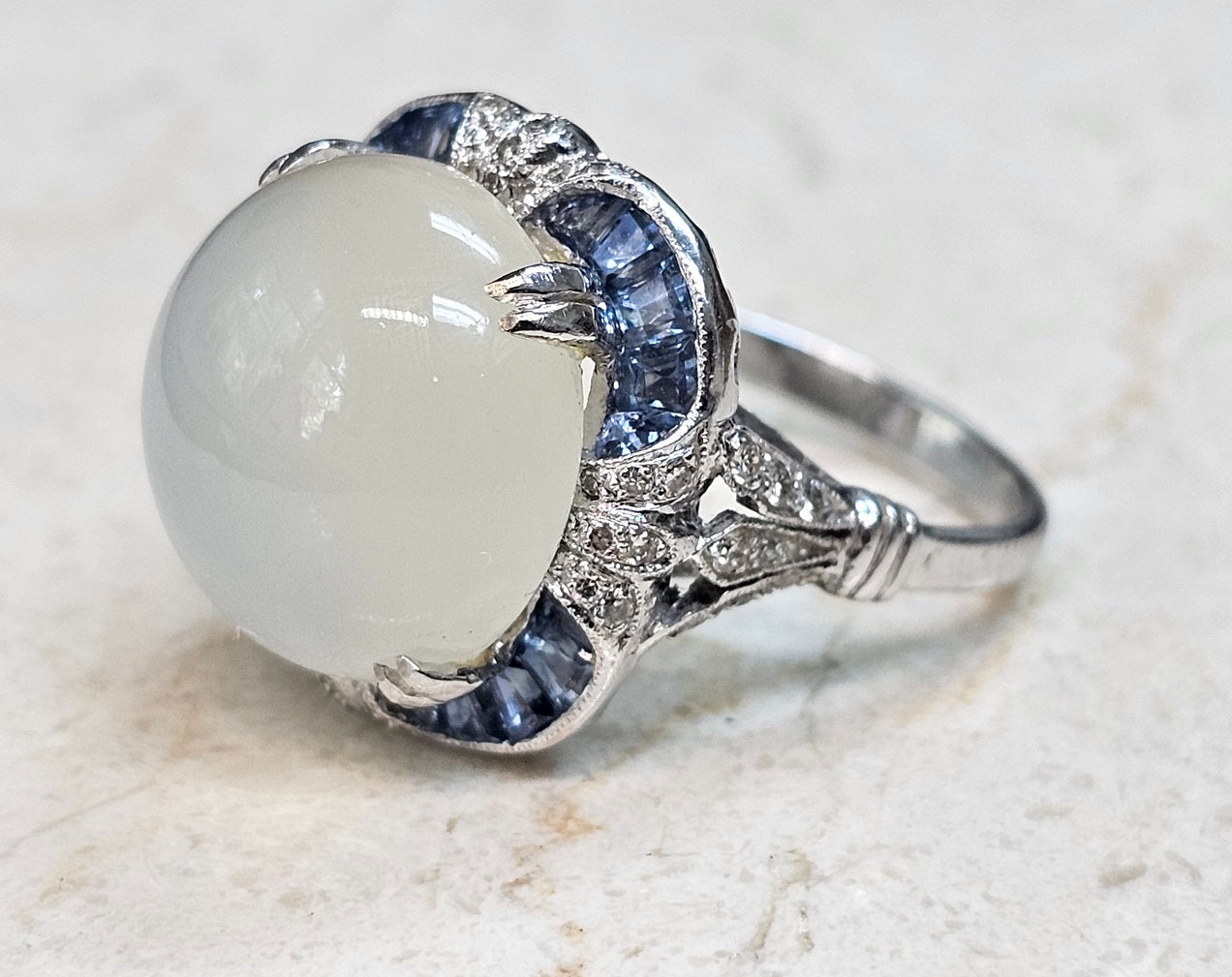 Vintage Oval Cats Eye Moonstone, Sapphire and Diamonds Cocktail Ring 18K White Gold