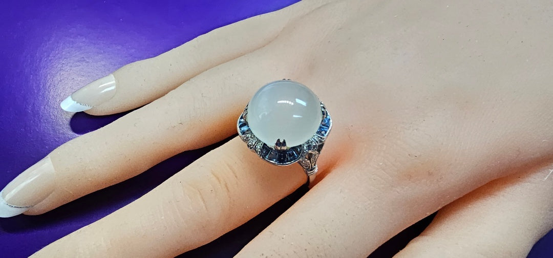 Vintage Oval Cats Eye Moonstone, Sapphire and Diamonds Cocktail Ring 18K White Gold