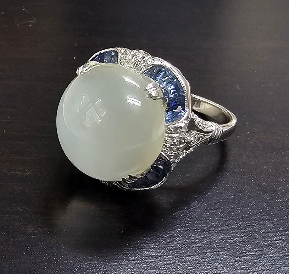 Vintage Oval Cats Eye Moonstone, Sapphire and Diamonds Cocktail Ring 18K White Gold