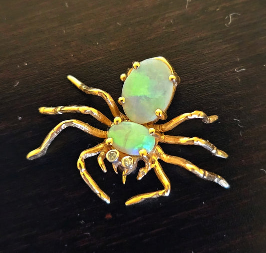 Vintage Opal And Diamonds 14K Yellow Gold Spider Brooch Pin Pendant Tie-Tack