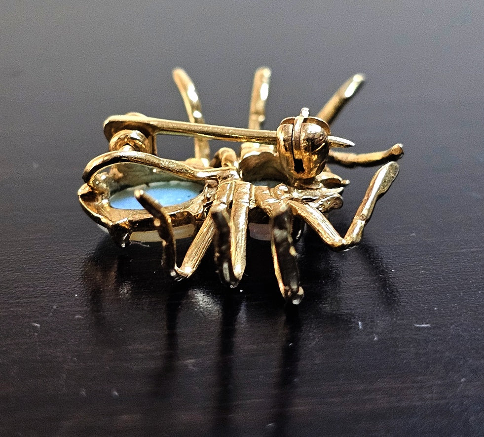 Vintage Opal And Diamonds 14K Yellow Gold Spider Brooch Pin Pendant Tie-Tack