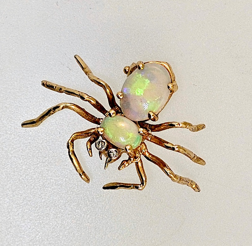 Vintage Opal And Diamonds 14K Yellow Gold Spider Brooch Pin Pendant Tie-Tack