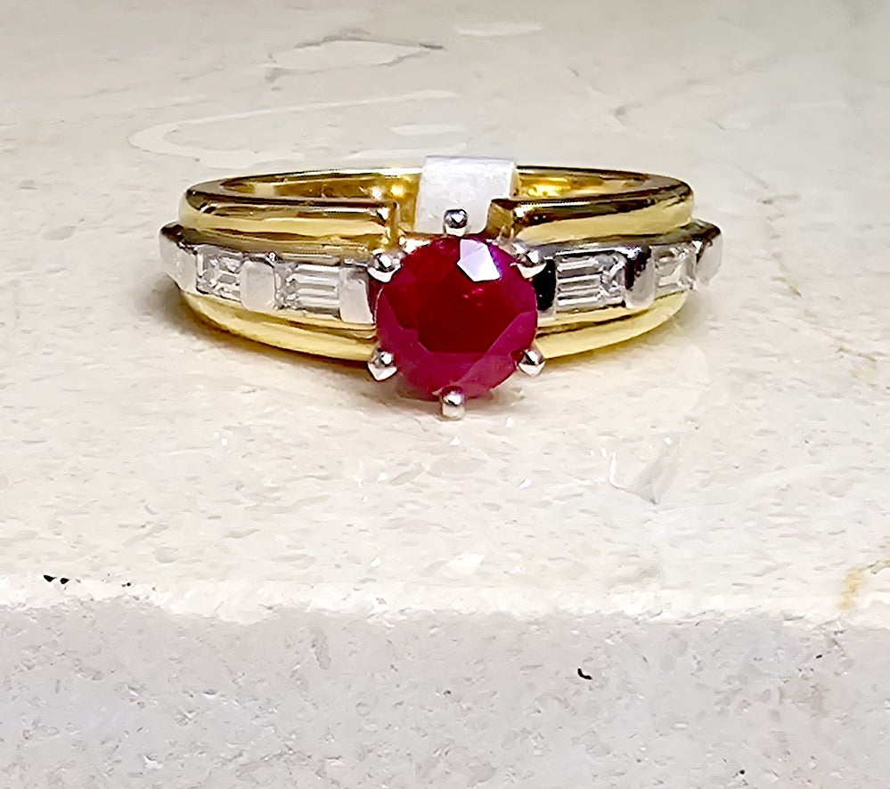 Round Red Ruby 1.00 ct Baguette Diamond 14k Two-Tone Gold Ring Sz 6.5, 1.34ctw