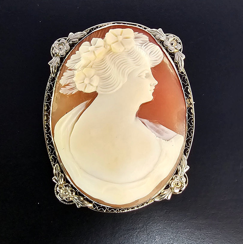 Vintage Hand-Carved Shell Cameo & 14K W Gold Brooch Pin Pendant 1.75 Inches Long