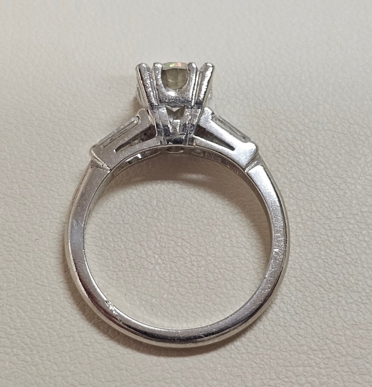 Vintage Platinum Diamond Engagement Ring .94ct Round Brilliant Baguette 1.24cttw