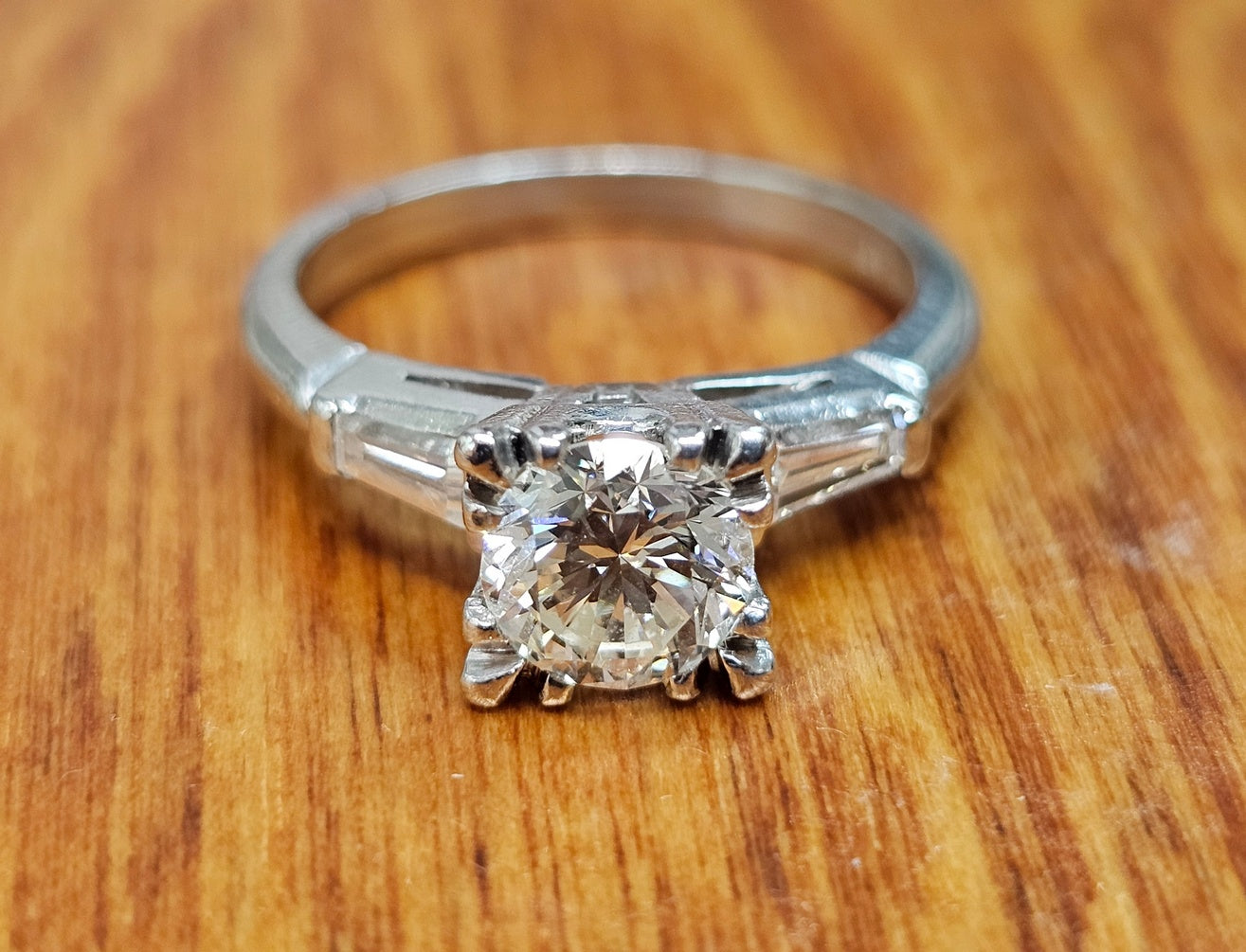 Vintage Platinum Diamond Engagement Ring .94ct Round Brilliant Baguette 1.24cttw