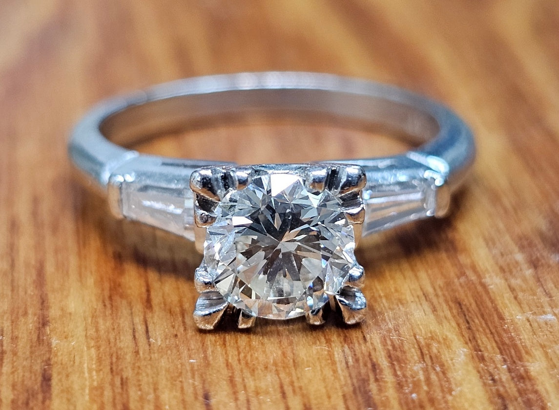 Vintage Platinum Diamond Engagement Ring .94ct Round Brilliant Baguette 1.24cttw