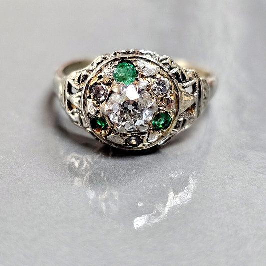 1920's Antique Art Deco 14K W Gold Filigree Emerald Old Mine Diamond Ring Sz6