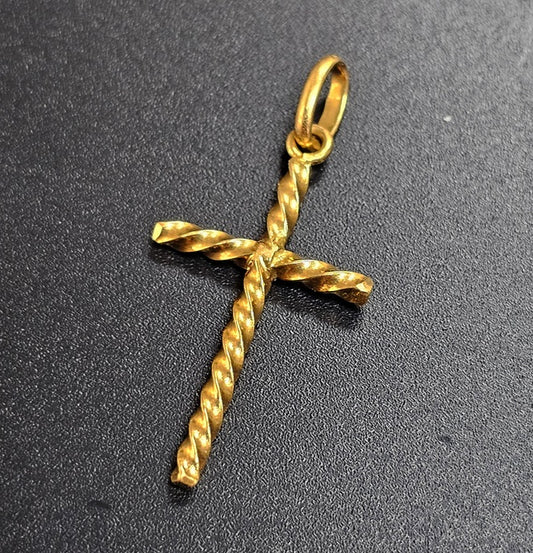 18k Yellow Gold Twisted Rope Cross Crucifix Pendant Charm 1.25"