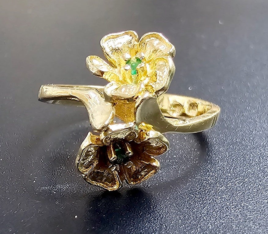 Vintage 14k Yellow Gold Natural Green Emerald Double Flower "Toi et Moi" Ring