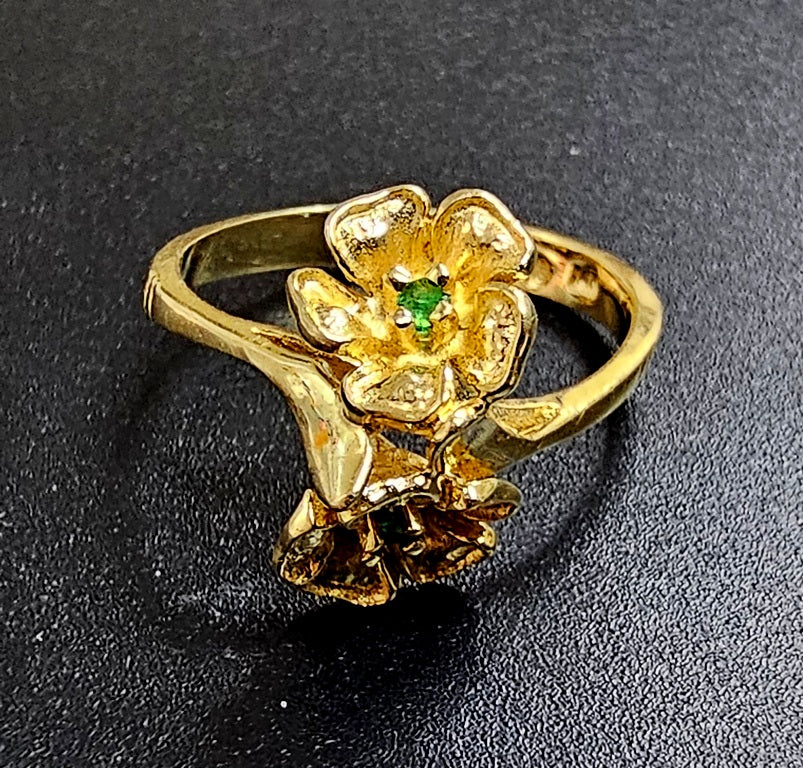 Vintage 14k Yellow Gold Natural Green Emerald Double Flower "Toi et Moi" Ring