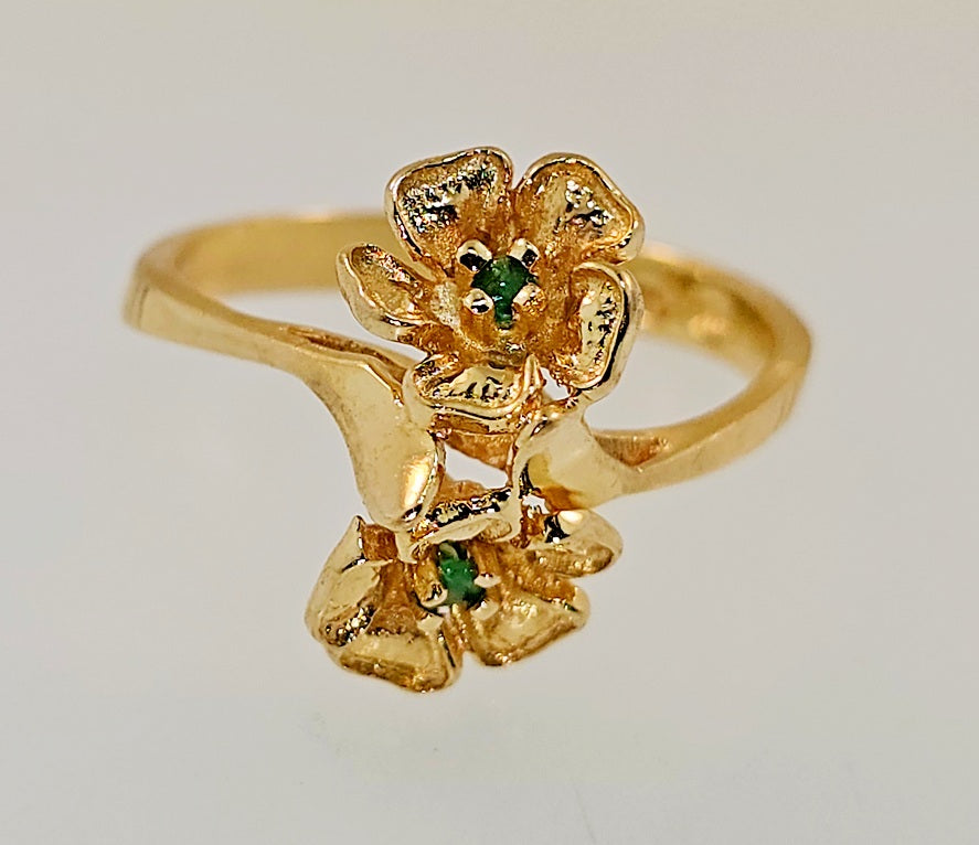 Vintage 14k Yellow Gold Natural Green Emerald Double Flower "Toi et Moi" Ring