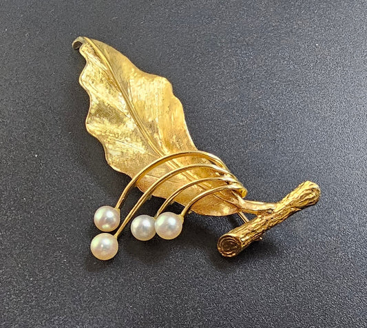 VINTAGE ART DECO SOLID 14K YELLOW GOLD HAND CARVED LEAF PEARL PIN BROOCH