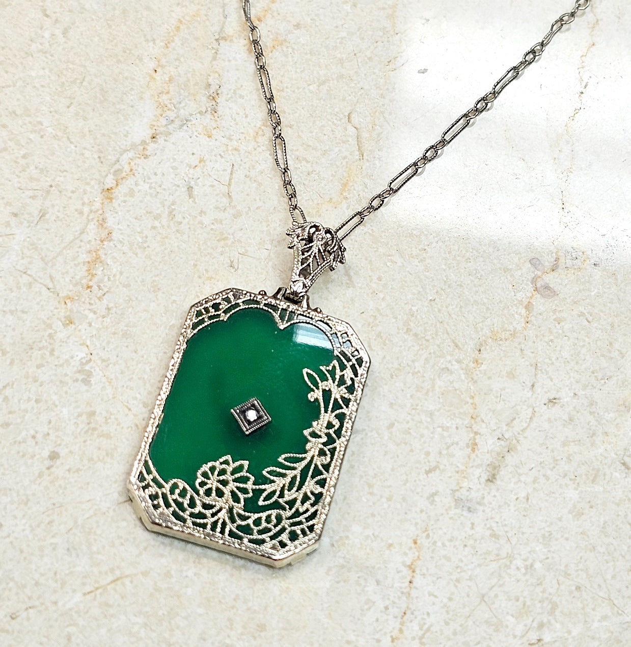 Vintage 14k White Gold Green Chalcedony And Round Diamond Pendant