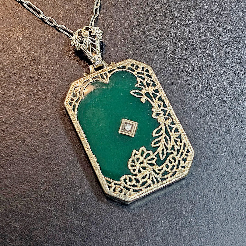 Vintage 14k White Gold Green Chalcedony And Round Diamond Pendant