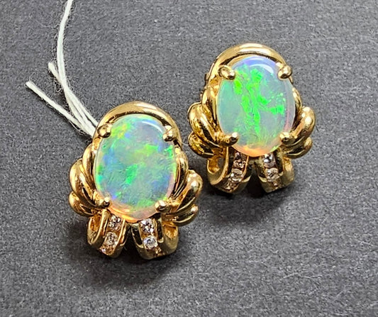 Vintage 14K Yellow Gold 8x7mm Opal & Diamond Pierced Earrings