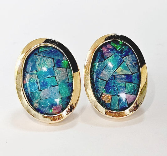 Vintage 14k Yellow Gold Fire Opal Doublet Inlay Mosaic Post Stud Earrings.
