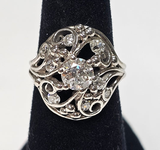 Vintage Platinum ~ 1.10ctw .75c Round Diamond Lace Wide Band Ring size 5.5