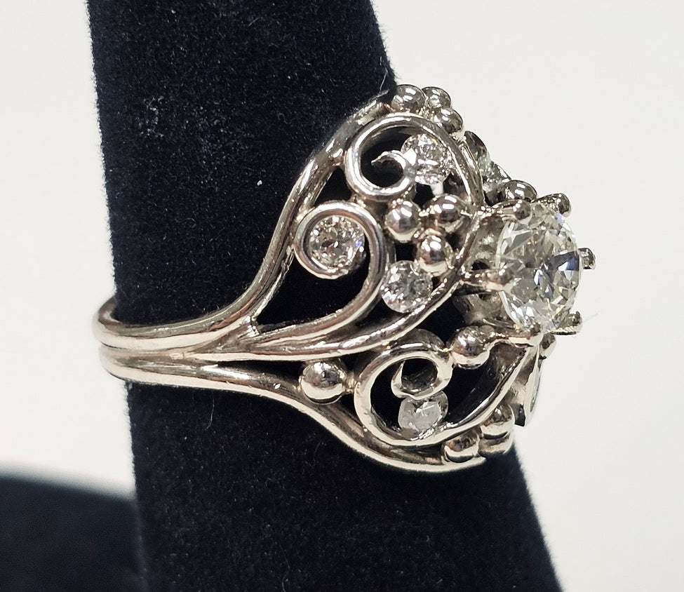 Vintage Platinum ~ 1.10ctw .75c Round Diamond Lace Wide Band Ring size 5.5