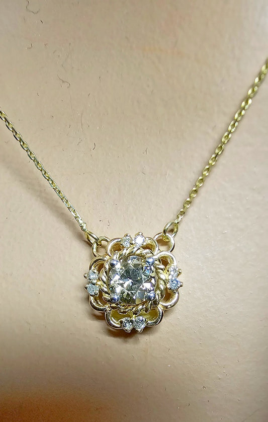 Antique 14K Gold Old Mine Cut Diamond Pendant Necklace .45ct Champagne 16"