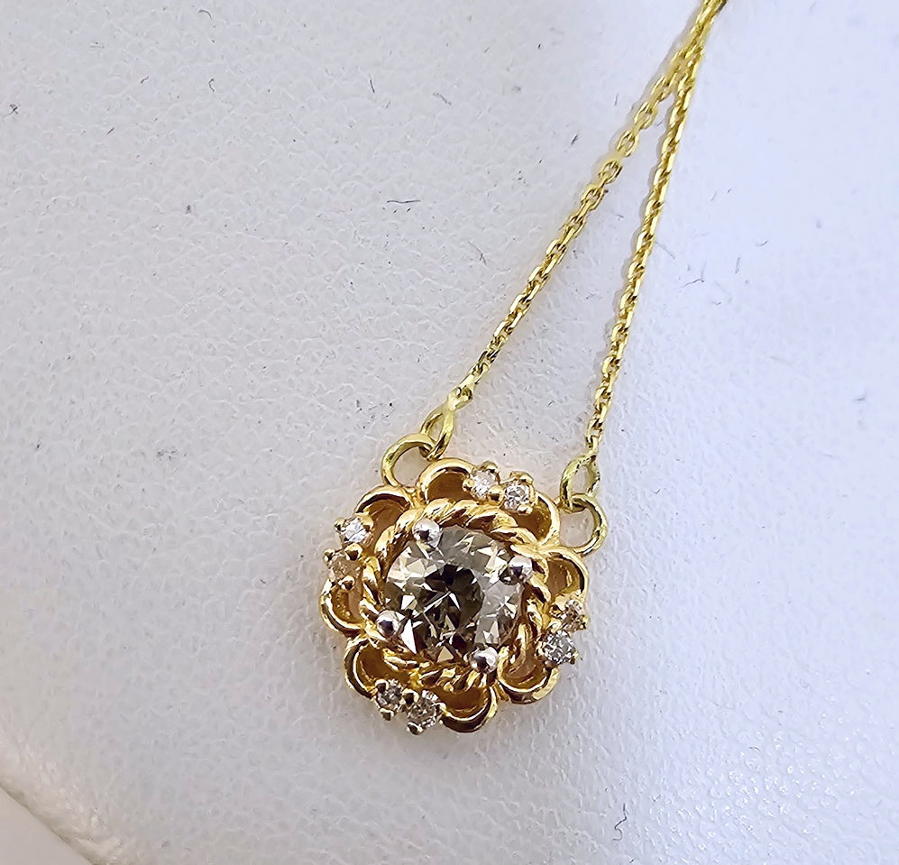Antique 14K Gold Old Mine Cut Diamond Pendant Necklace .45ct Champagne 16"
