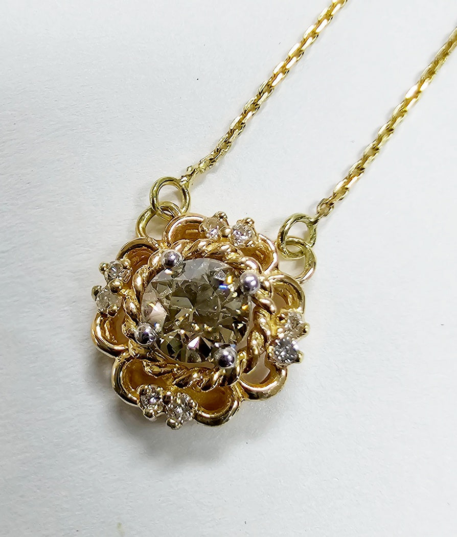 Antique 14K Gold Old Mine Cut Diamond Pendant Necklace .45ct Champagne 16"