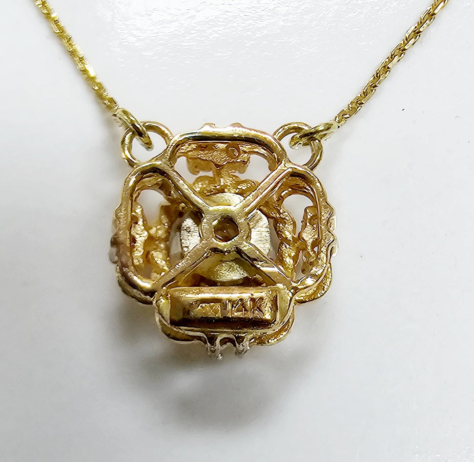 Antique 14K Gold Old Mine Cut Diamond Pendant Necklace .45ct Champagne 16"