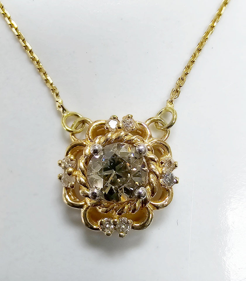 Antique 14K Gold Old Mine Cut Diamond Pendant Necklace .45ct Champagne 16"