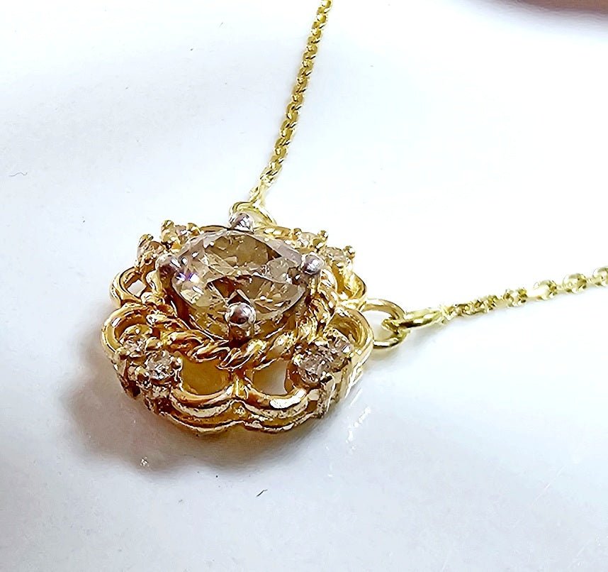 Antique 14K Gold Old Mine Cut Diamond Pendant Necklace .45ct Champagne 16"