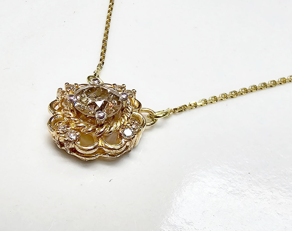 Antique 14K Gold Old Mine Cut Diamond Pendant Necklace .45ct Champagne 16"