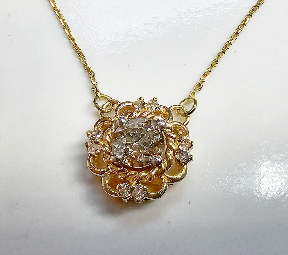 Antique 14K Gold Old Mine Cut Diamond Pendant Necklace .45ct Champagne 16"