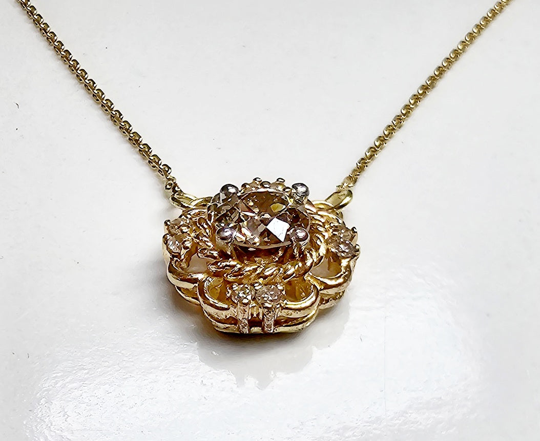 Antique 14K Gold Old Mine Cut Diamond Pendant Necklace .45ct Champagne 16"
