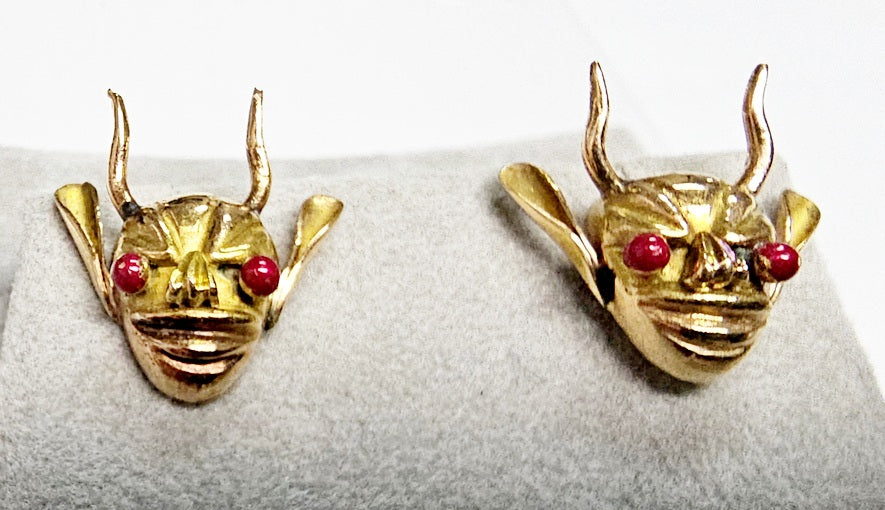 Vintage 18K Solid Gold Colombian Devil Mask Earrings - Carnaval de Riosucio 2.5g