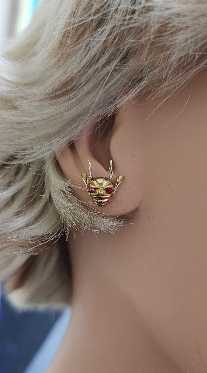 Vintage 18K Solid Gold Colombian Devil Mask Earrings - Carnaval de Riosucio 2.5g