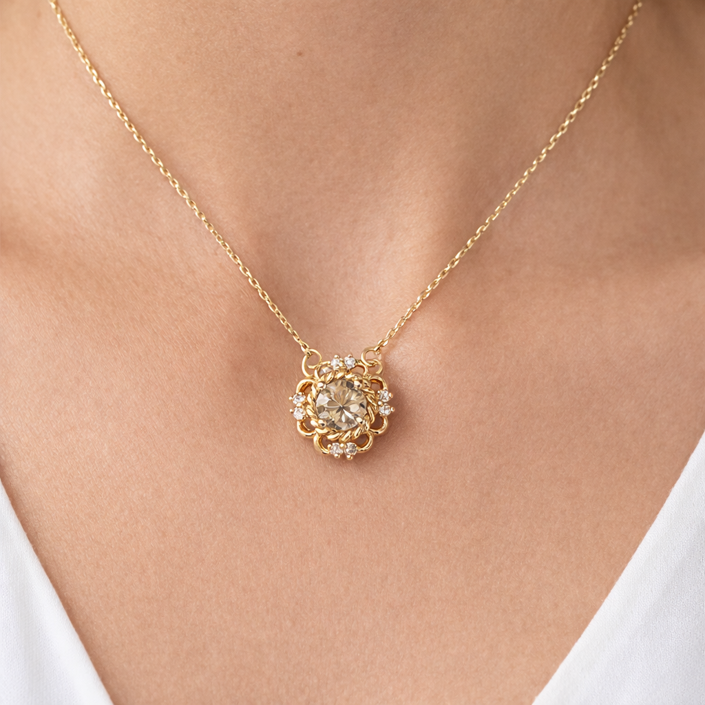 Antique 14K Gold Old Mine Cut Diamond Pendant Necklace .45ct Champagne 16"
