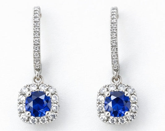 4K White Gold Cushion Cornflower Blue Sapphire Diamond Drop Earrings