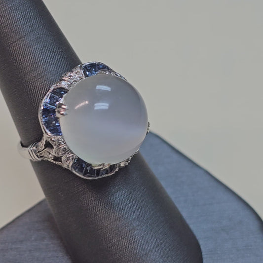 Vintage Oval Cats Eye Moonstone, Sapphire and Diamonds Cocktail Ring 18K White Gold