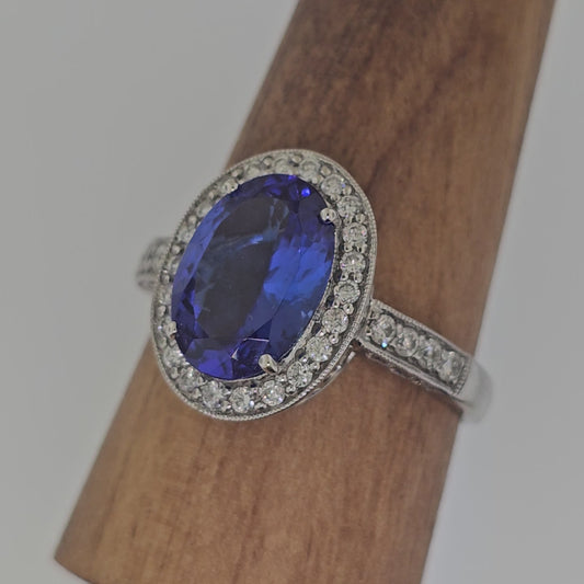 4.00 CT Oval Top Quality Tanzanite & Diamond Halo 14k White Gold Engagement Ring